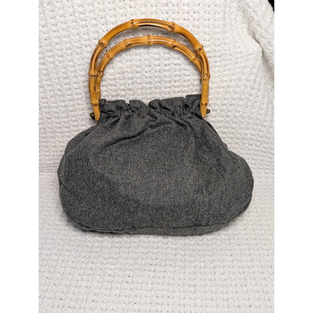 Vintage Style Gray Wool Pouch Handbag with Natural Bamboo Handles Floral Lining